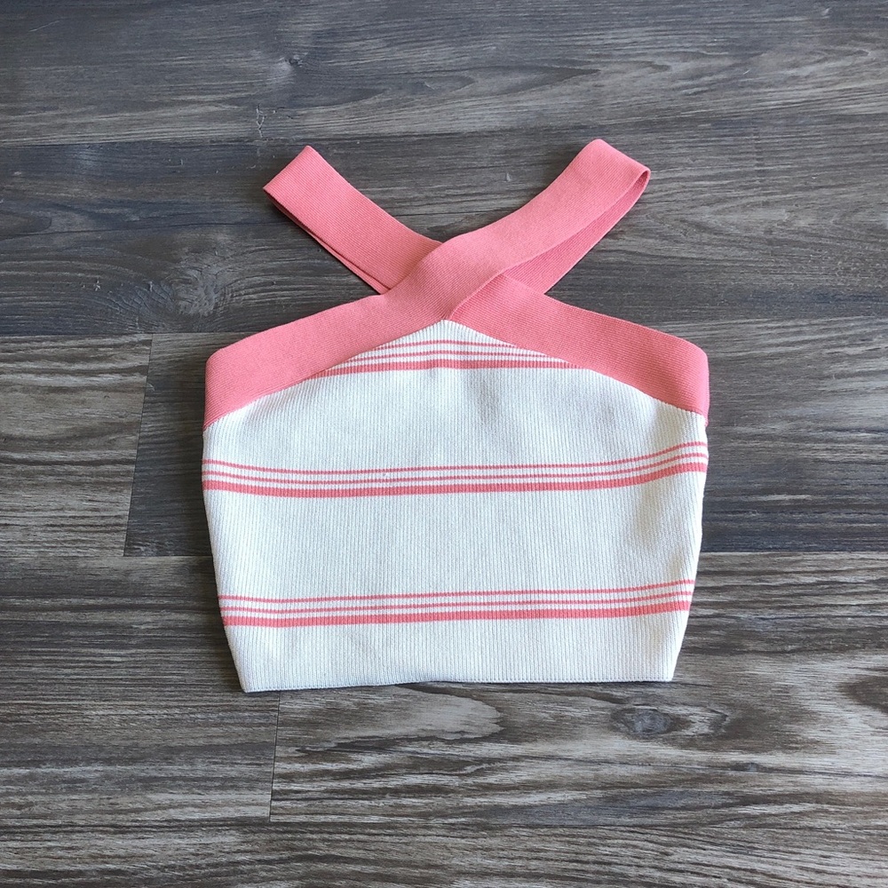Aritzia Babaton Sculpt Knit Criss Cross Crop Tank Top Pink Stripe Small